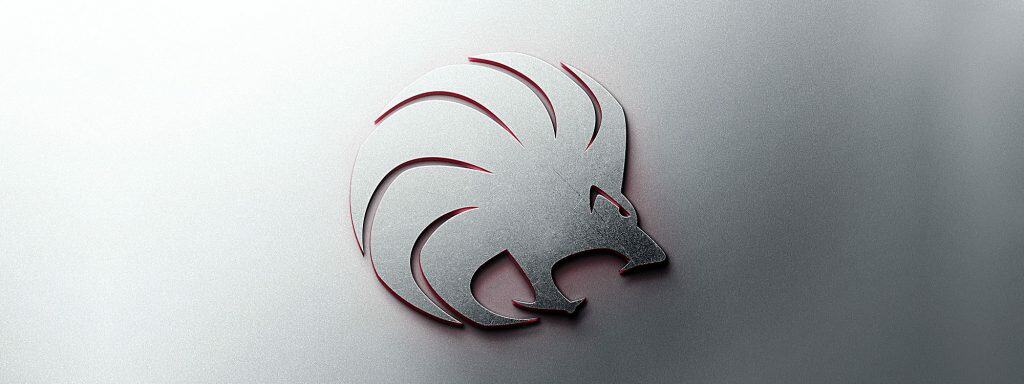 Lion head sports logo design embossed on a silver surface.
