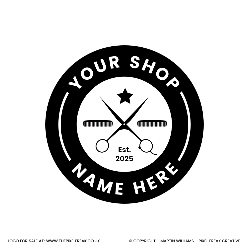 Classic barber logo design with star detail in black.
