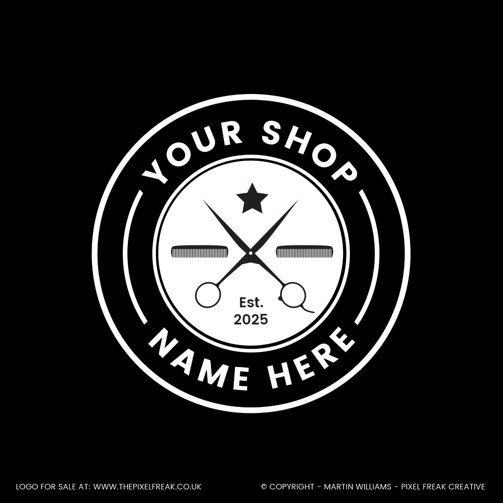 Professional barbershop emblem with scissors and comb in white.
