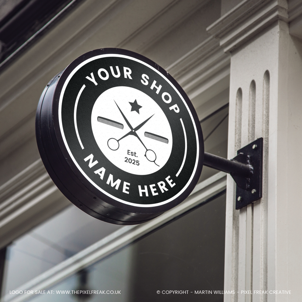Barber shop logo shown on a classic, round projecting shop sign.