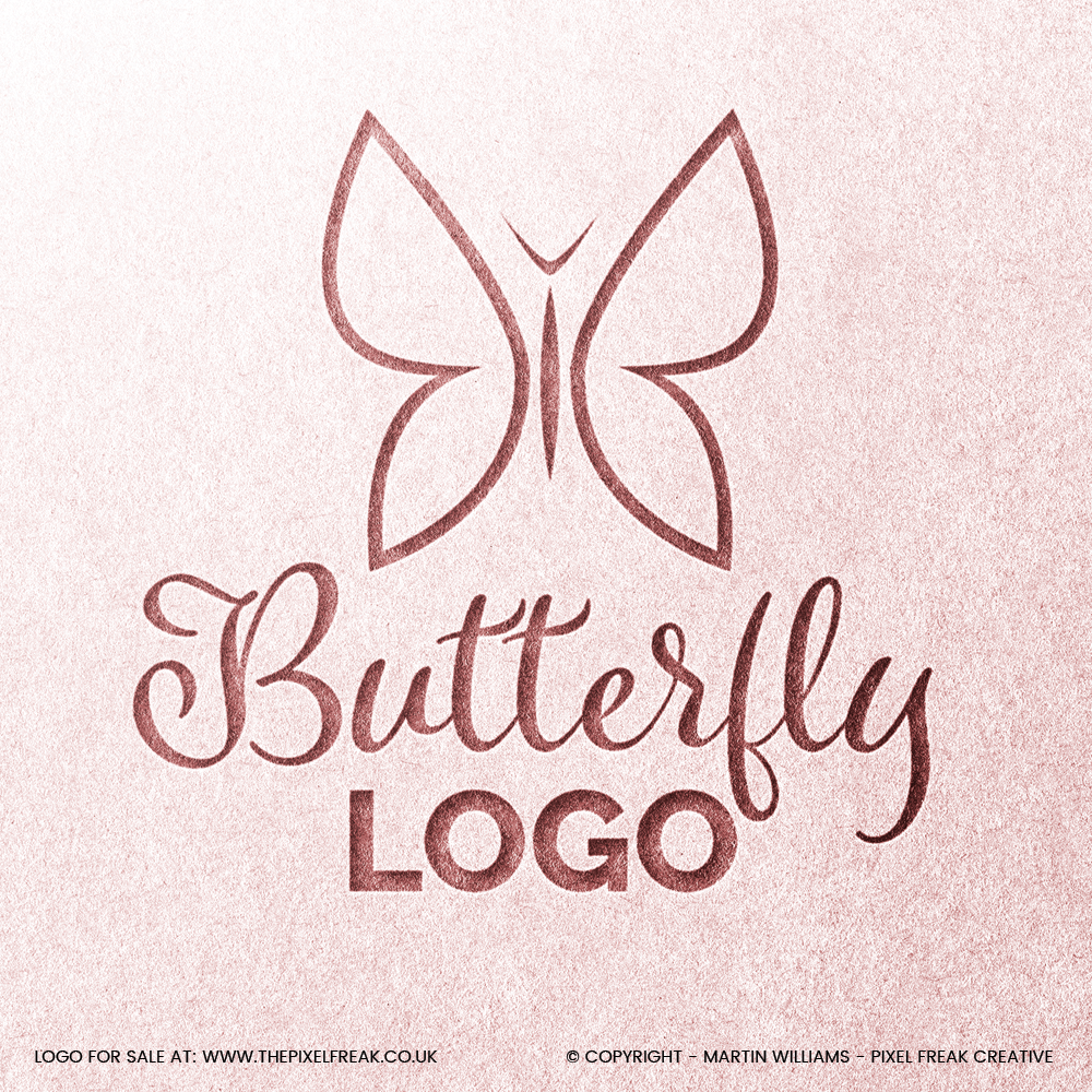 Elegant butterfly logo design with script font in a pink foil texture.