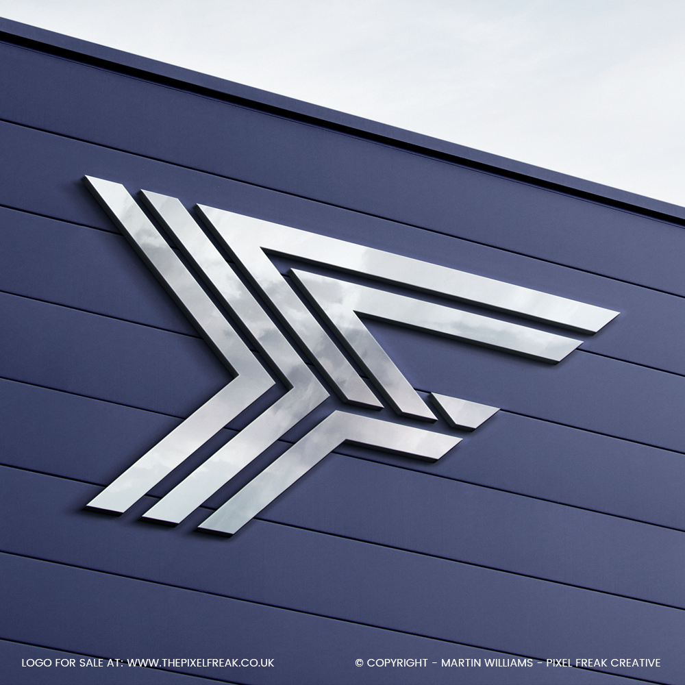 Geometric F logo as a 3D chrome building sign