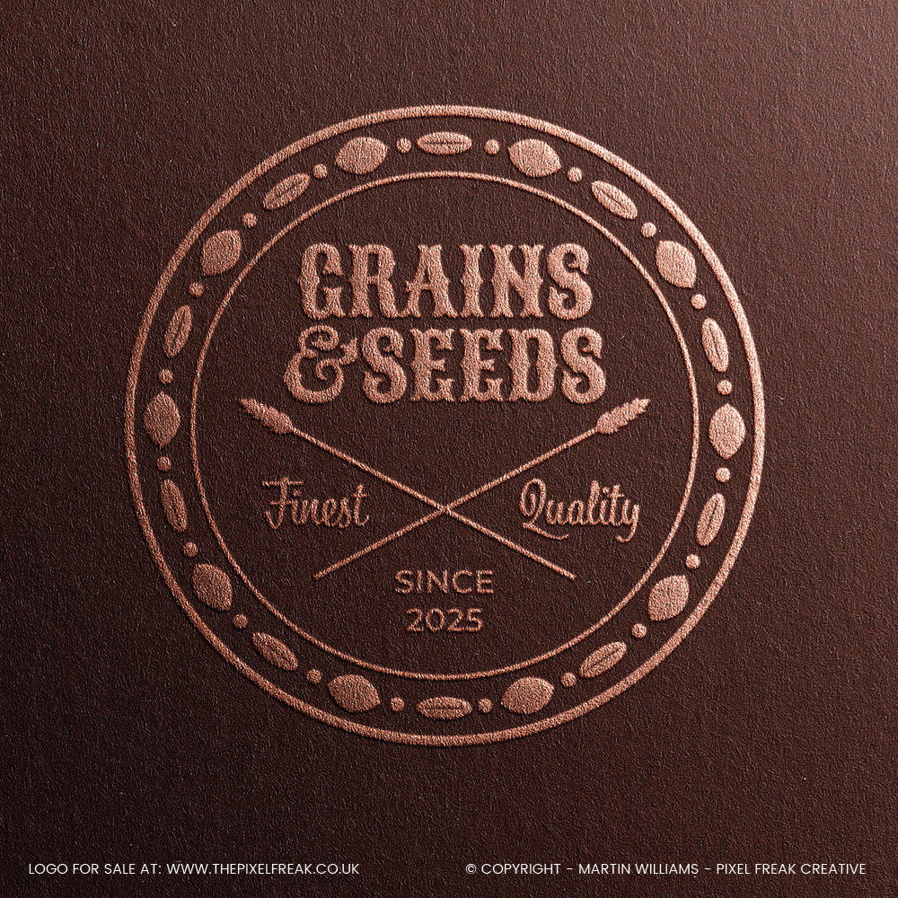 Rose gold embossed healthy food brand logo on dark textured background.