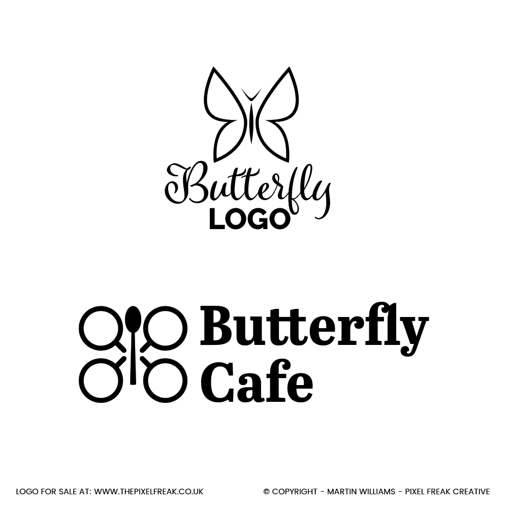 Butterfly logos for sale, featuring a classic line art design and a creative cafe logo.