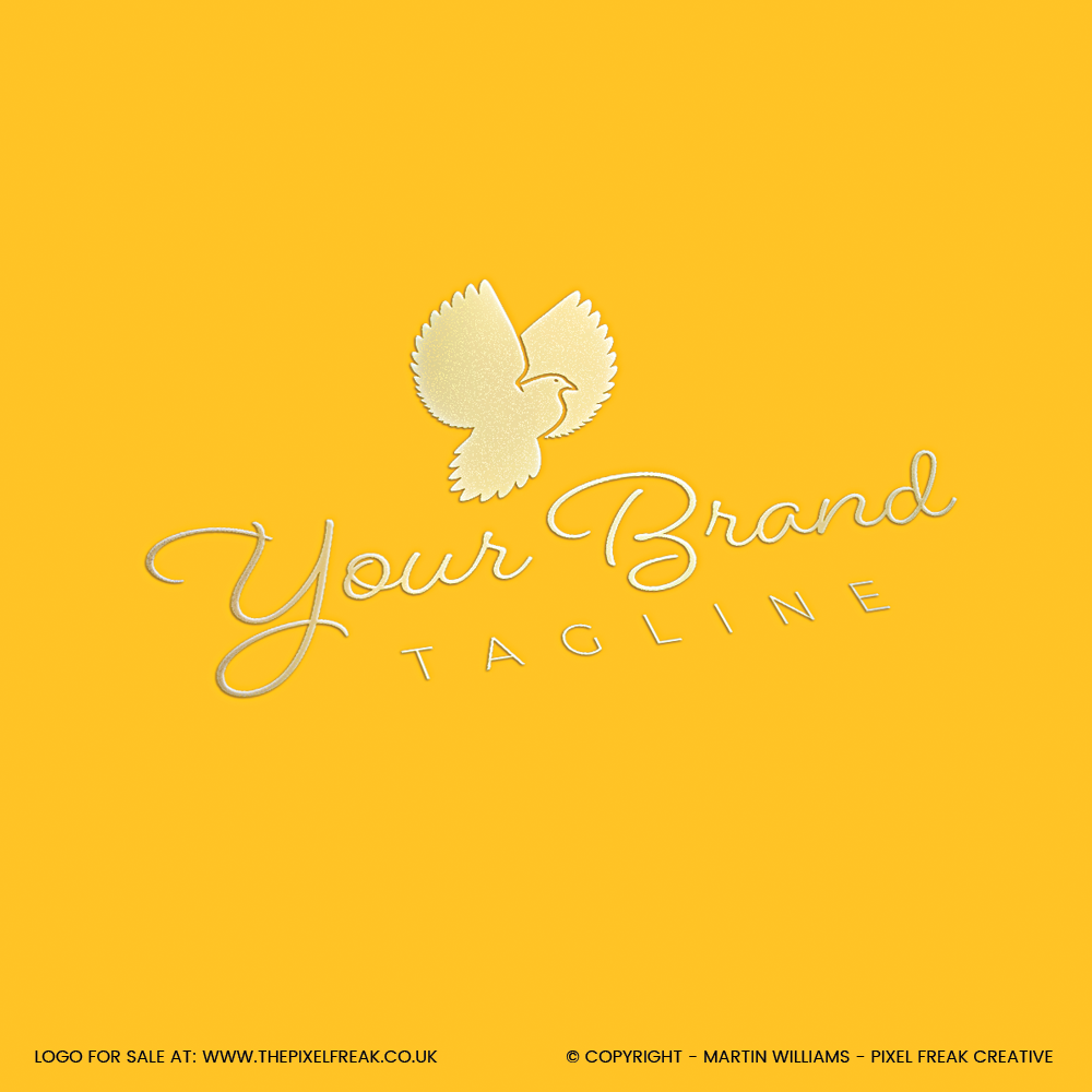 An elegant gold foil bird logo shown on a yellow background with brand and tagline text.