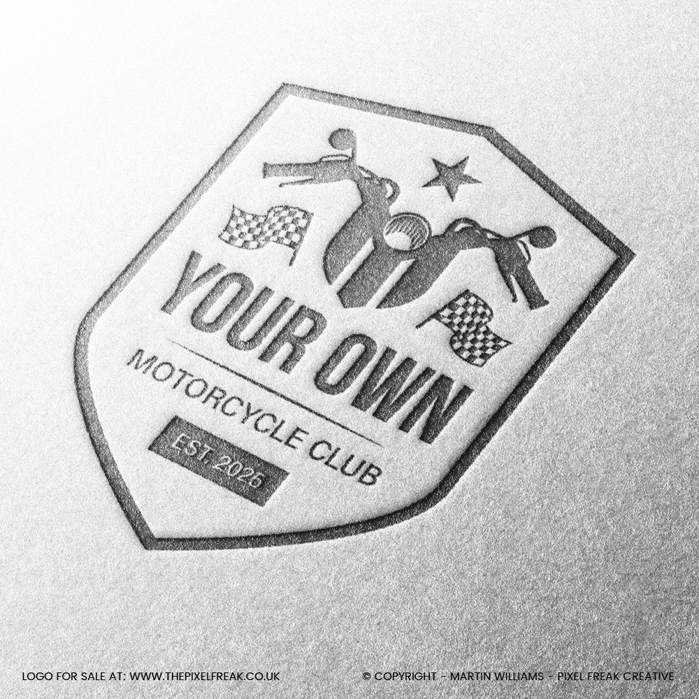 Grayscale embossed motorcycle club logo on textured paper, showing classic style