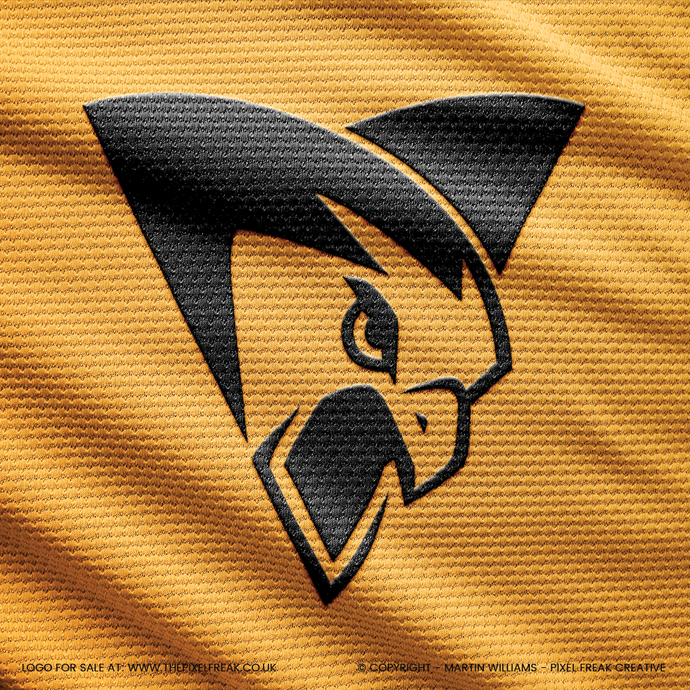 Black hawk logo embossed on orange textured fabric, perfect for apparel branding.