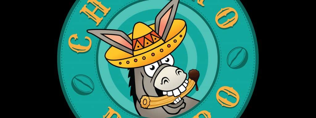 Street food logo for Churro Burro food truck, featuring a cartoon donkey wearing a sombrero on a round outdoor sign.