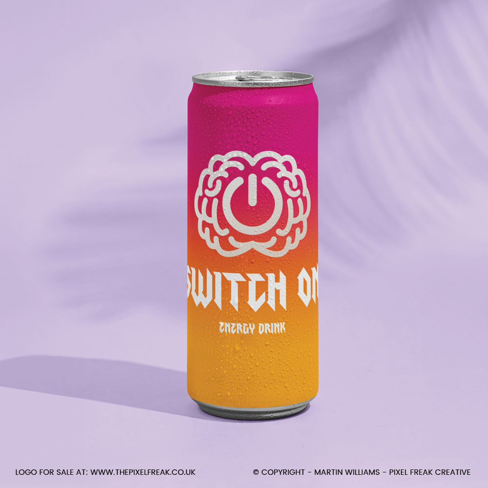 Vibrant brain logo on an energy drink can, symbolizing mental invigoration.