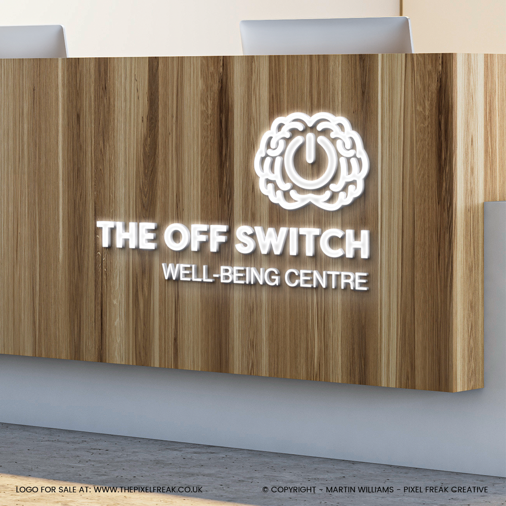 Brain logo illuminated on a wooden reception desk, representing a well-being centre.