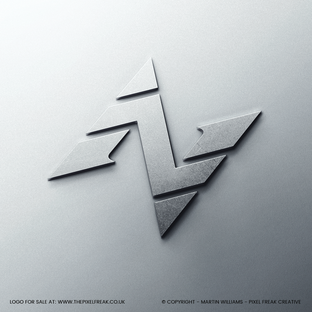 A silver 3D mockup of a geometric N logo with an architectural style.