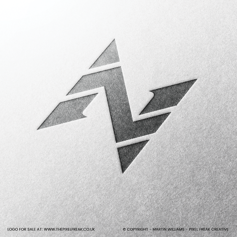 A silver 3D mockup of a geometric N logo with an architectural style.