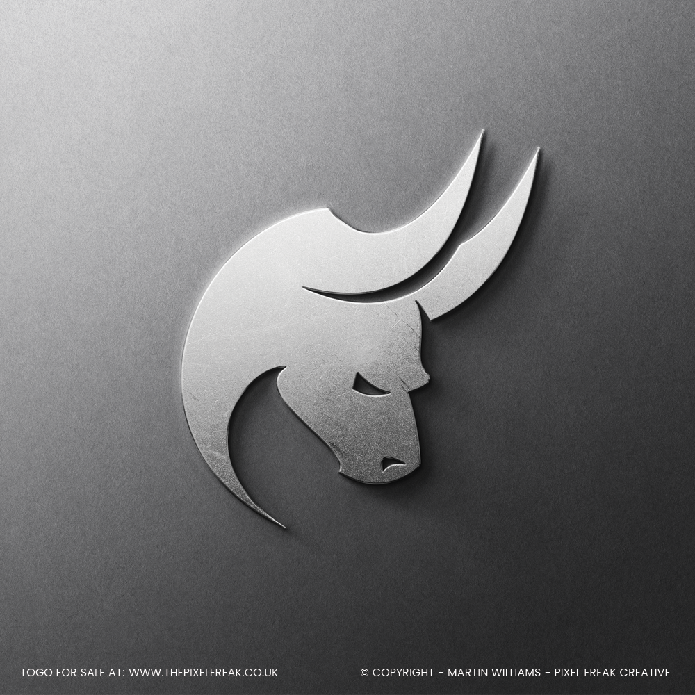 A powerful bull emblem shown as a 3D silver mockup on a grey background.