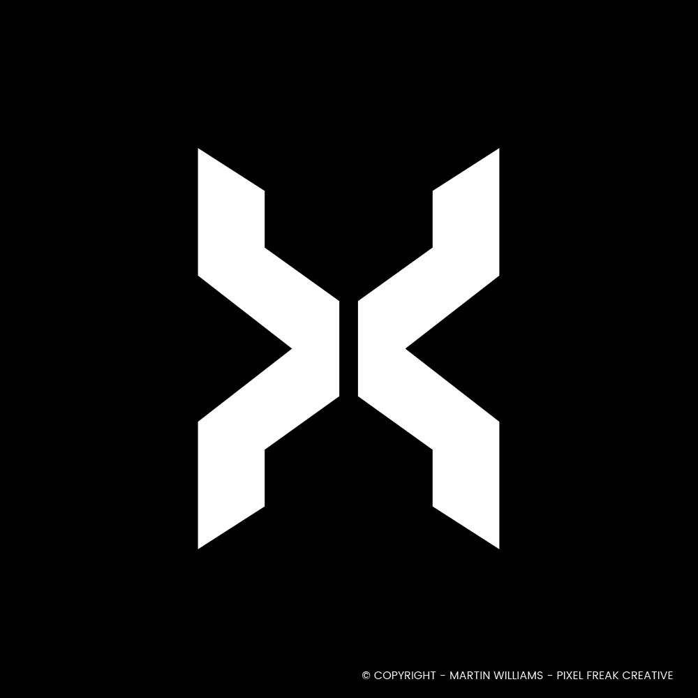 Portfolio example of a strong, geometric X logo design that has been sold.