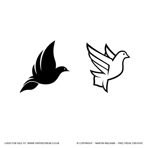Dove logo for sale featuring a modern solid silhouette and a classic line art design.
