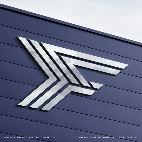 Geometric F logo as a 3D chrome building sign